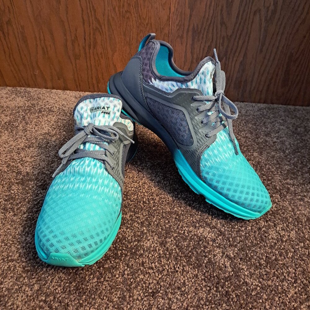 Ariat Women's Fuse athletic shoe in a turquoise and gray ombre mesh design. - Picture 9 of 9